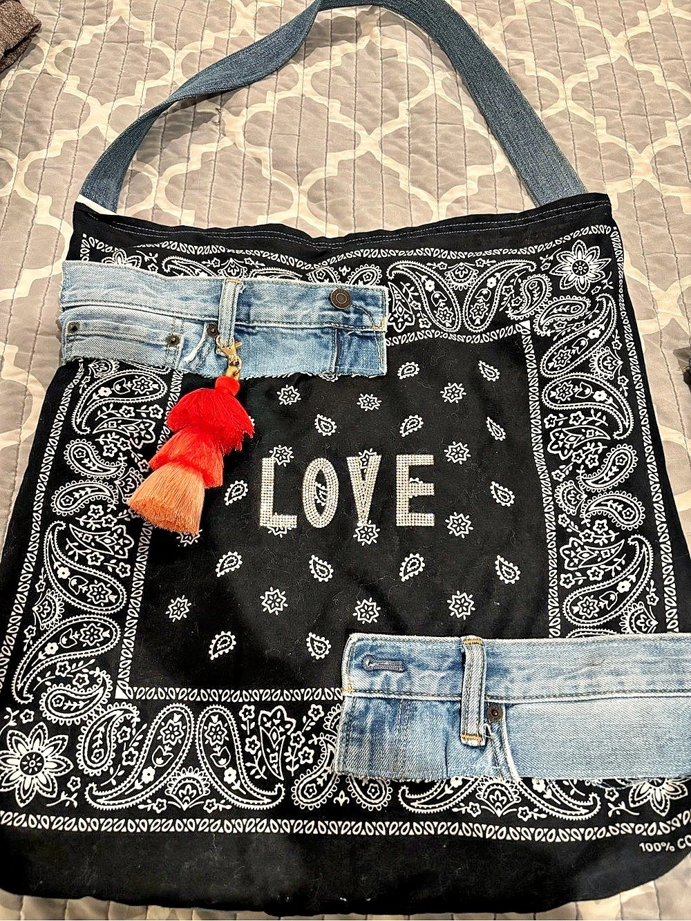 Paisley and Denim Shoulder Bag in Black & Blue- never used